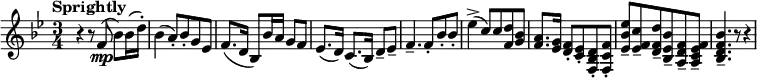 \new Staff {
\key bes \major
\time 3/4
\clef treble
\set Staff.midiInstrument = #"clarinet"
\tempo Sprightly 4 = 92
\set Score.tempoHideNote = ##t
|
r4
r8 f'8(\mp
bes'8) bes'16( d''16-.)
|
bes'4(
a'8-.) bes'-.
g'8 ees'
|
f'8.( d'16
bes8) bes'16 a'
g'8 f'
|
ees'8.( d'16)
c'8.( bes16)
d'8-- ees'--
|
f'4.--
f'8-.
bes'8-. bes'-.
|
ees''4->(
c''8) c''
<<d''8 f'>> <<g'8 bes'>>
|
<<f'8. a'>> <<ees'16 g'>>
<<d'8-. f'>> <<c'-. ees'>>
<<f8-. bes d'>> <<f-. c' f'>>
|
<<ees'8-- bes' ees''>> <<ees'-- f' c''>>
<<d'-- f' d''>> <<bes-- ees' bes'>>
<<a-- d' f'>> <<a-- c' ees' f'>>
|
<<bes4.-- d' f' bes'>>
r8
r4
}