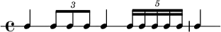 \new RhythmicStaff {
\clef percussion
\time 4/4
\set Score.tempoHideNote = ##t \tempo 4 = 80
c4 \tuplet 3/2 { c8 c c }
c4 \tuplet 5/4 { c16 c c c c }
c4
}