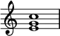 {
\override Score.TimeSignature #'stencil = ##f
\relative c' {
\time 4/4
<e g c>1
}
}