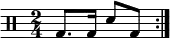 \new Staff <<
\relative c' {
\clef percussion
\time 2/4
\repeat volta 2 { g8. g16 d'8 g, }
}
>>