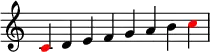 {
\override Score.TimeSignature #'stencil = ##f
\relative c' {
\clef treble \key c \major \time 8/4
\once \override NoteHead.color = #red c4 d e f g a b \once \override NoteHead.color = #red c
} }