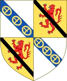 Arms of James, Earl of Rothes, Chief of Clan Leslie: Quarterly 1st and 4th Argent, on a bend azure  three buckles or (Leslie) 2nd and 3rd Or, a lion rampant gules over all a ribbon sable (Abernethy)