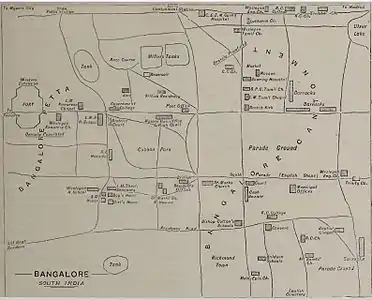 Bangalore, South India, 1898, Rough Map by Rev. T E Slater of LMS showing the location of the London Mission School
