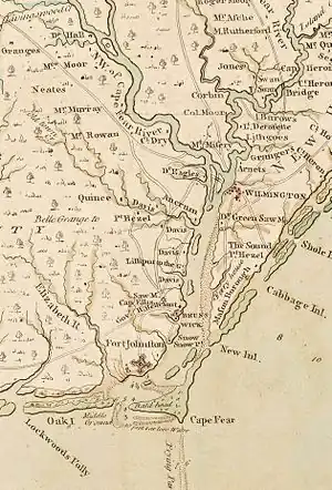 A map depicting a stretch of the Cape Fear River approximately 18 miles long between its mouth and where the river divides into two branches