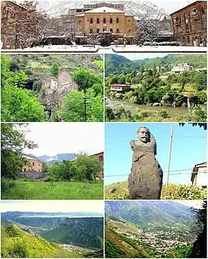 From top left:Tumanyan Central squareKobayr monastery • Debed RiverHouse of culture • Statue of Hovhannes TumanyanDebed River gorge • Tumanyan landscape