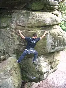 Image 39Climber enjoying the Lower Cretaceous Ashdown Bed Sandstones of High Rocks (from Geology of East Sussex)