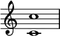 {
\override Score.TimeSignature #'stencil = ##f
\relative c' {
\clef treble \key c \major \time 4/4
<c c'>1
} }