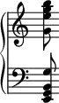  {
\override Score.TimeSignature #'stencil = ##f
{ \new PianoStaff <<
  \new Staff { \clef treble <g' e'' g'' b''>8 } 
  \new Staff { \clef bass <e, g, b, g>8 }
>> } }
