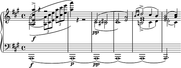 \new PianoStaff <<
\new Staff = "r" <<
\clef "violin"
\key a \major
\new Voice {
\voiceOne
\relative {
< a e' cis' a' >4\f\accent r r2
s1
e'2( dis
e2 < e a >)
<< { \grace { b'16( cis } d2\accent )( cis4 b) } \\ gis1 e >>
<< e2. { <gis b>2( <a cis>4) } >>
}
}
\new Voice {
\voiceTwo
\relative {
<a~ a'~>2^(_( \tuplet 3/2 { <a a'>8 <cis cis'> <e e'> } \tuplet 3/2 { < a a'> <cis cis'> <e e'> }
<a a'>4)) r r2
cis,,2\pp( bis
cis1)
b!2\accent( cis4 d)
d2( cis4)
}
}
>>
\new Staff = "l" <<
\clef "bass"
\key a \major
\new Voice {
\relative { a,,1\f( a\p)( a\pp) ( a) ( a) ( a2.) }
}
>>
>>